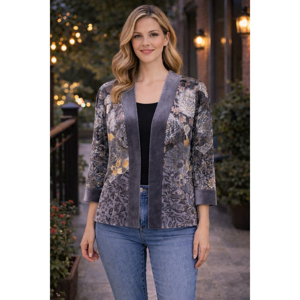 Vintage Burnout Velvet Open Front Cardigan Floral Metallic 3/4 Sleeve Size 16